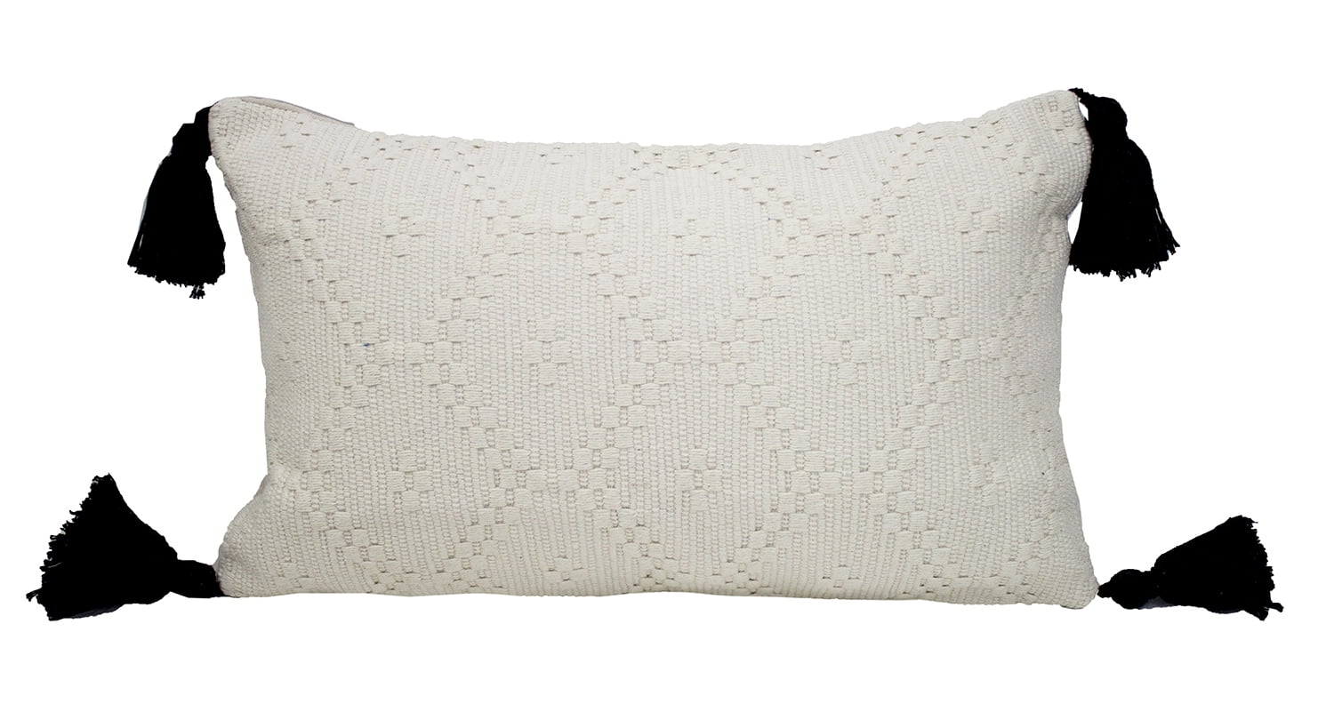 Ivory Boho Tribal Textured Tassels Throw Pillow (Case+Insert, Tassels