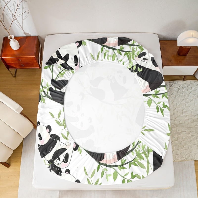 Cute Panda Fitted Sheet Full Size,Cartoon Wild Animals Bedding Set 3pcs for Kids Teens Boys Girls Room Decor,Green Bamboo Leaves Bed Sheet Set Natural White Bed Cover with 2 Pillowcases