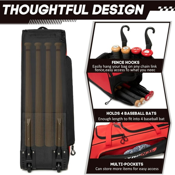 Rolling Baseball Bag with Wheels - 4 Bat Capacity, Multi-Pocket Design for Baseball Equipment Storage