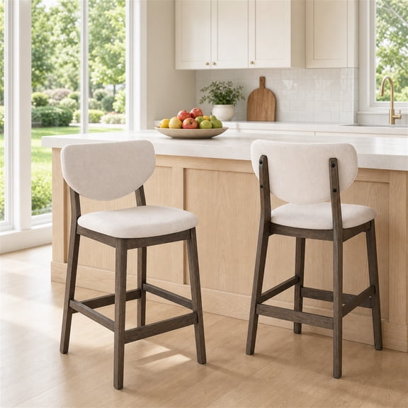 TrumanPick 26" Counter Height Bar Stools Set of 2, Modern Linen Upholstered Barstools with Back & Wood Legs, Farmhouse Kitchen Island Chairs for Dining Room Bar, Beige