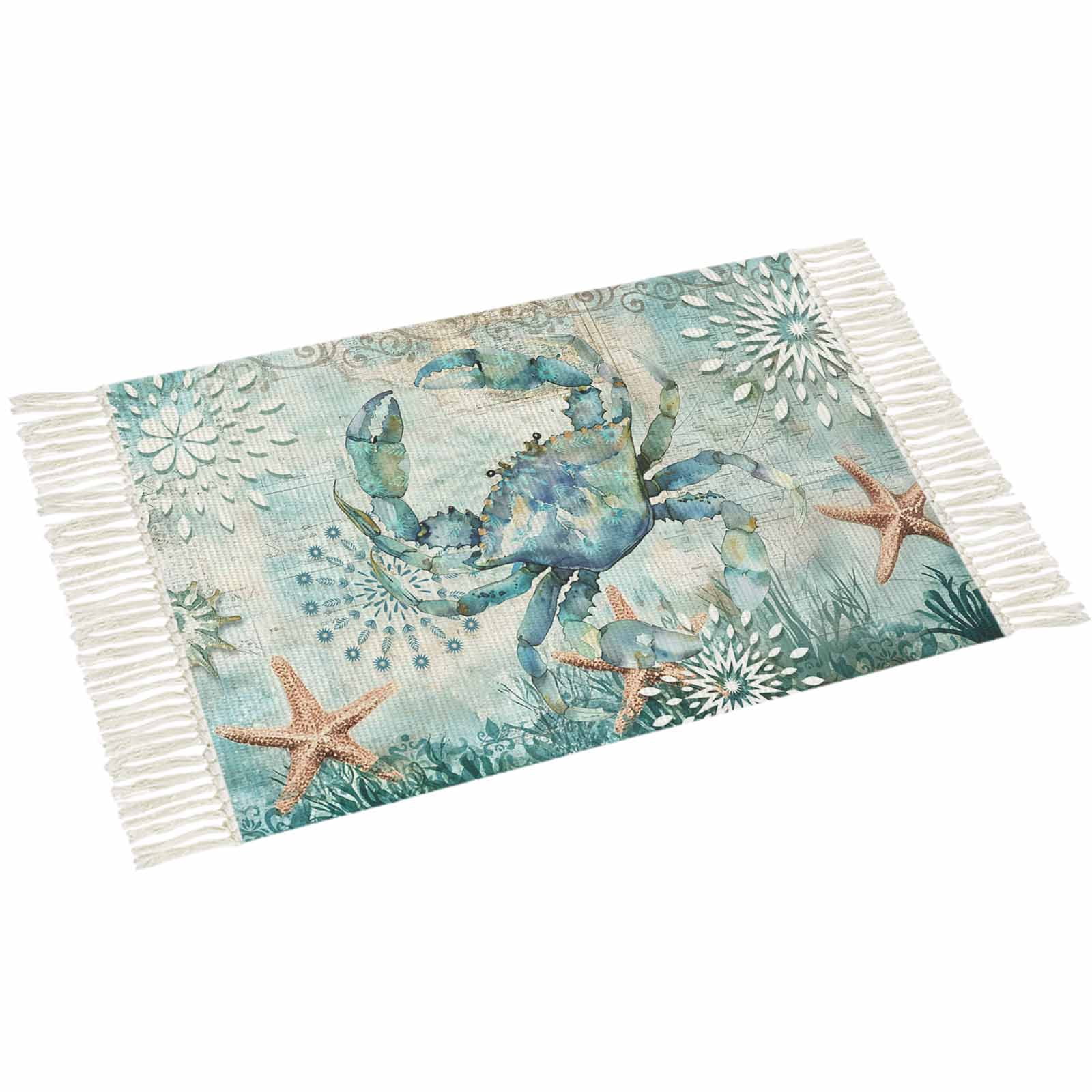 Coastal Crab Bath Rug 2x3ft Woven Bathroom Entryway Runner Rug,Teal Nautical Beach Starfish Vintage Washable Living Room Hallway Bedroom Kitchen Carpet with Tassels,Indoor Outdoor Throw Doormat
