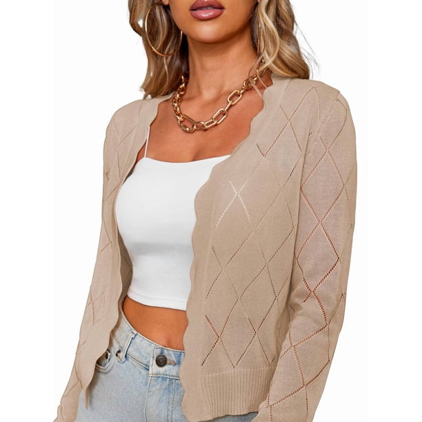 Chaqueta Cárdigan de Punto con Cuello en V y Larga para Mujer, Suéter Chal de Punto Sin Botones. Albaricoque L