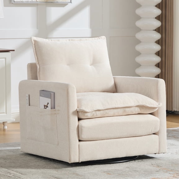 360°Swivel Accent Chair, Upholstered 28''W Oversized Armchair, PAPROOS Barrel Chair Reading Armchair with Side Pockets & Cushion, Modern Accent Chair with Metal Base for Living Room Bedroom,Beige