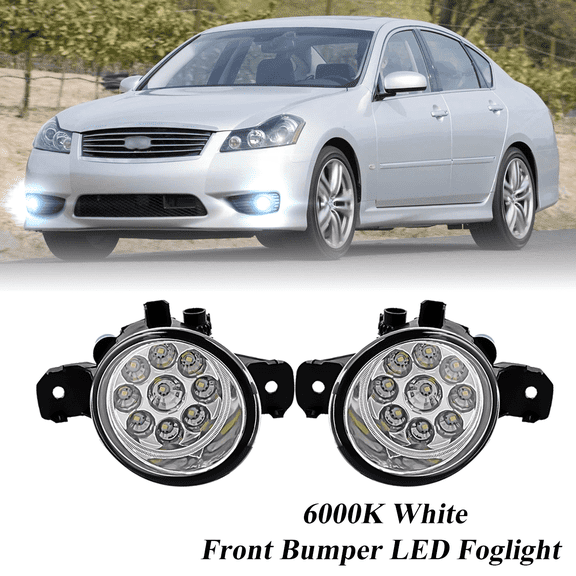 Pair Round LED Fog Lights for INFINITI M35 2008 2009 2010, 55W 6000K White Off-Road Lamps Black Front Bumper LED Fog Lights