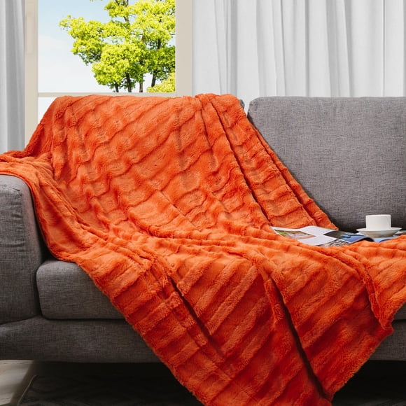 Cheer Collection Faux Fur Throw Blanket – Plush Blanket for Couch and Bed, Soft Throw Blanket, Cozy & Fluffy Fur Blanket for Snuggling, Gifting & Home Décor, Machine Washable, 60" x 50", Rust