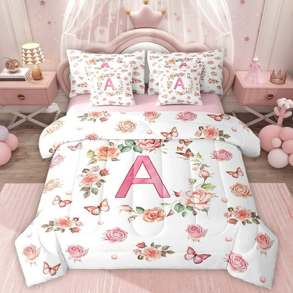 Homewish Letter A Monogrammed 7-Piece Twin Bedding Sets,Cute Cartoon Flower Bedding Comforter Set,Romantic Valentine'S Day Sheet Sets For Girls,Microfiber Room Decorative Reversible