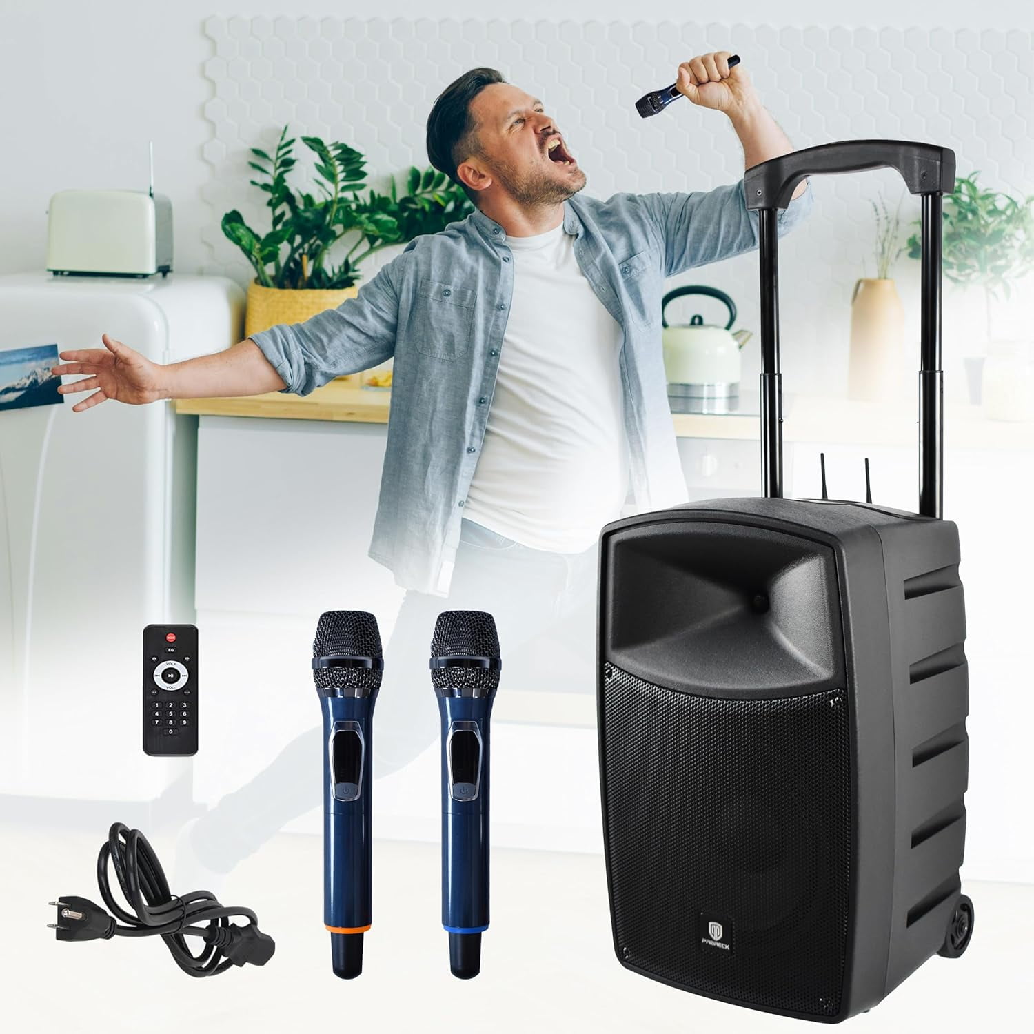 PRORECK FREEDOM 10 800W 10'' Portable Powered Bluetooth Wireless PA Speaker with 2 Wireless Microphones, Remote Control, Handle and Wheels, Active Loudspeaker