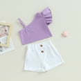 thumbnail image 5 of Douhoow 1-6 Years Girl 2Pcs Summer Outfits, Ruffle Sleeve One Shoulder Tops + Shorts Set, 5 of 8