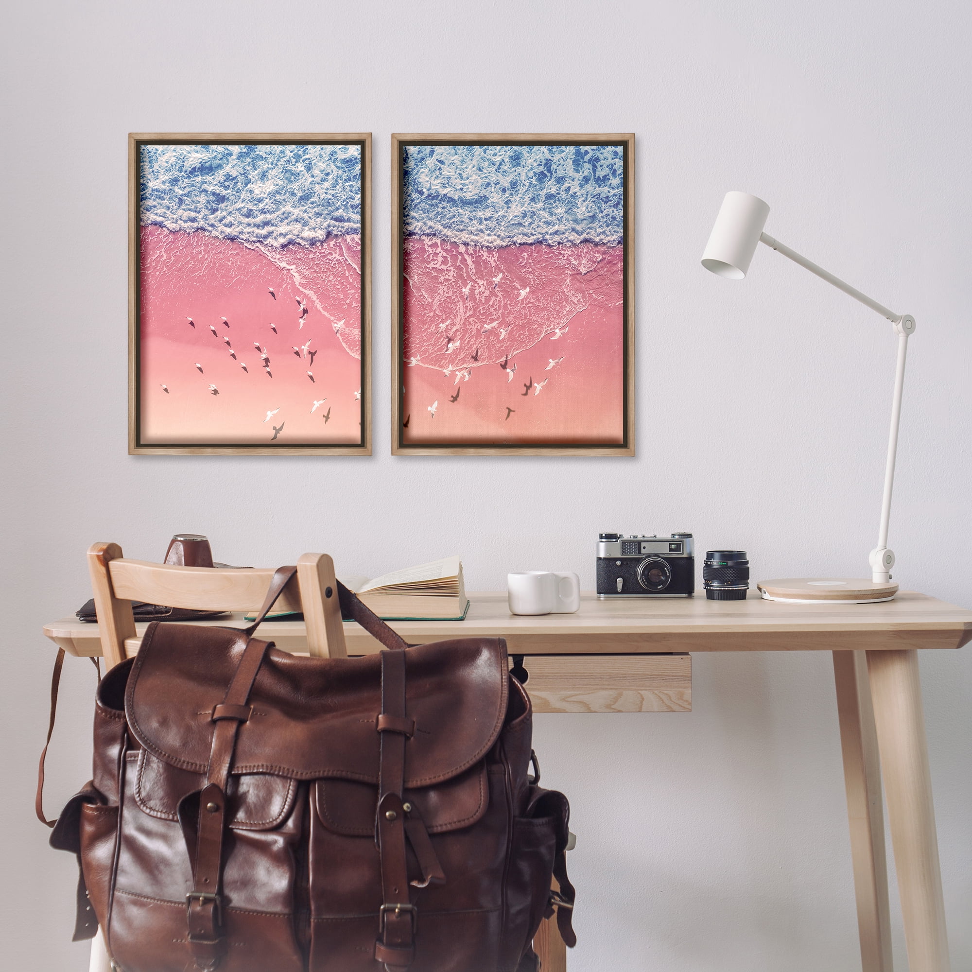 Stupell Industries Minimalist Aerial Beach Nautical & Beach Photography Brown Floater Framed Canvas Art Print Wall Art, 17 x 25, Set of 2