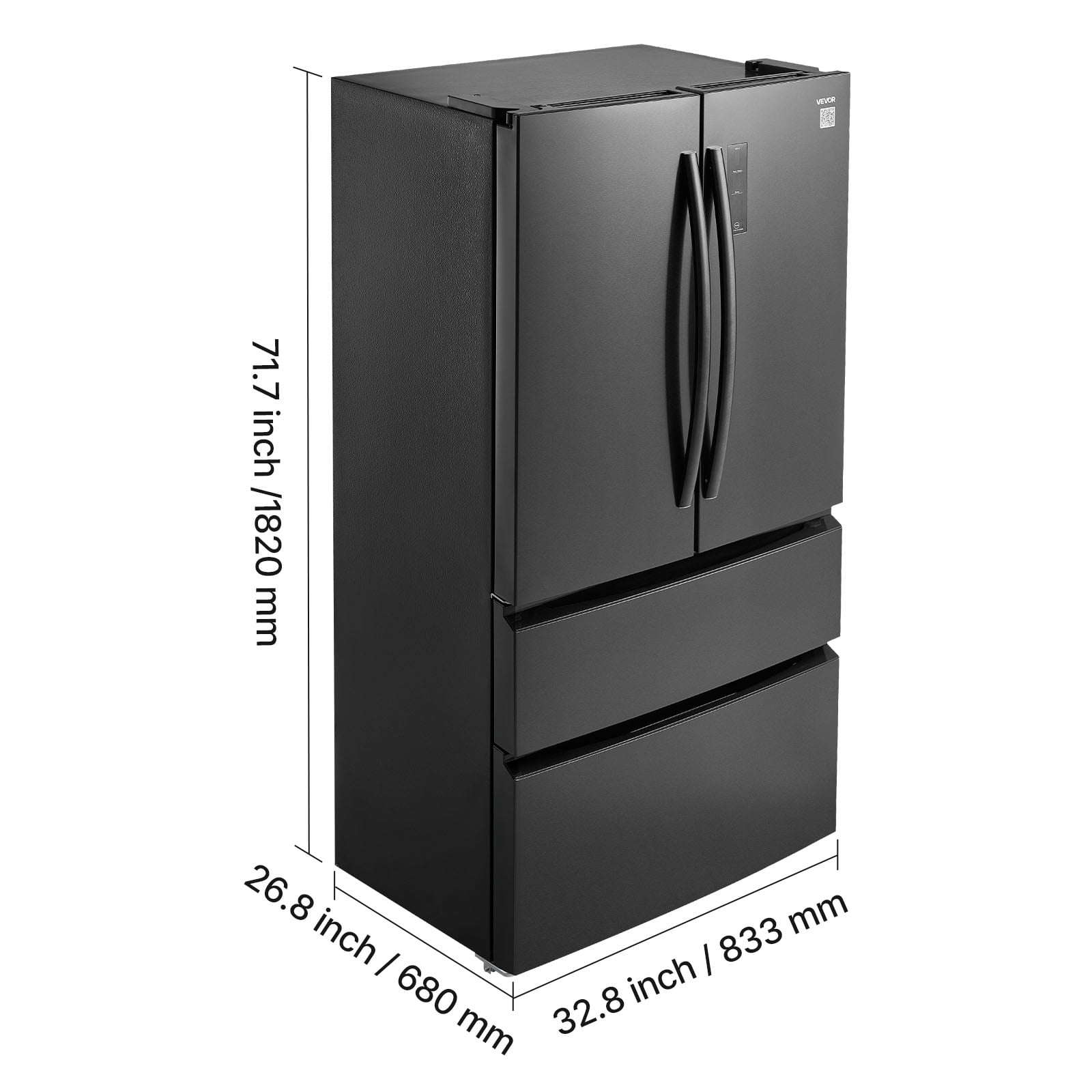 VEVOR French Door Refrigerator, 18.9 Cu. Ft. Kitchen Fridge,Counter Depth French Refrigerator with LED Display and 4 Casters,Frost-Free Bottom Freezer Refrigerators for Home & Commercial Use,Black