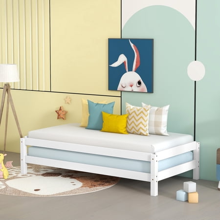 Twin Size Platform Bed  Solid Wood Convertible Platform Bed  2 Twin Wood Bed Guest Bed  Stackable Bed Frame with Slats Support for Kids Teens Boys and Girls  Bedroom Nurseries Bed  White