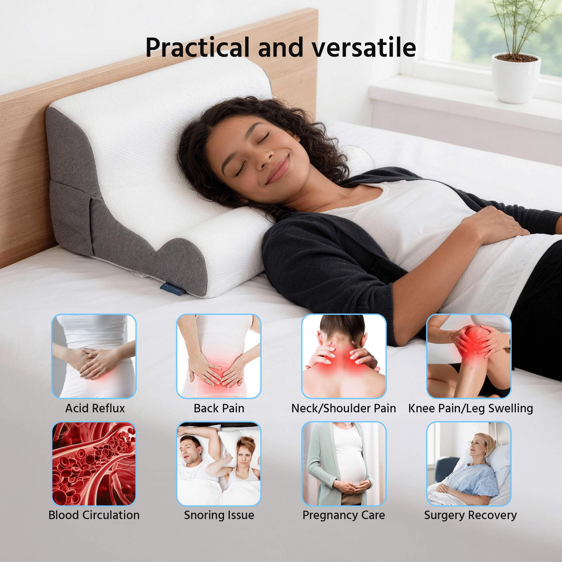 ORFELD Wedge Pillow for Sleeping,Resting,Back Pain Relief and Post Surgery,Memory Foam Cushion with Grey and White Patterned Polyester Cover, Ideal for Bedroom & Living Room,White