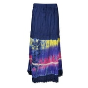 Mogul Womens Blue Tie Dye Maxi Skirt Crinkle Cotton Blend Boho Style Gypsy Comfy Long Skirts