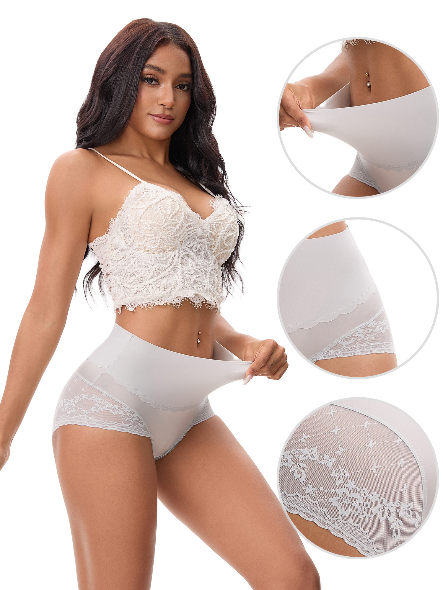 Unique Bargains High Waisted Lace Trimmed Underwear XL Grey