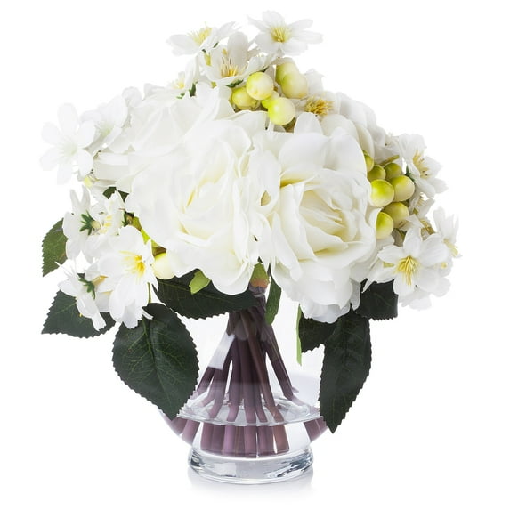 Enova Home Artificial Flowers Mixed Silk Roses Fake Flowers Arrangement in Round Glass Vase with Faux Water for Home Office Wedding Decoration (White)