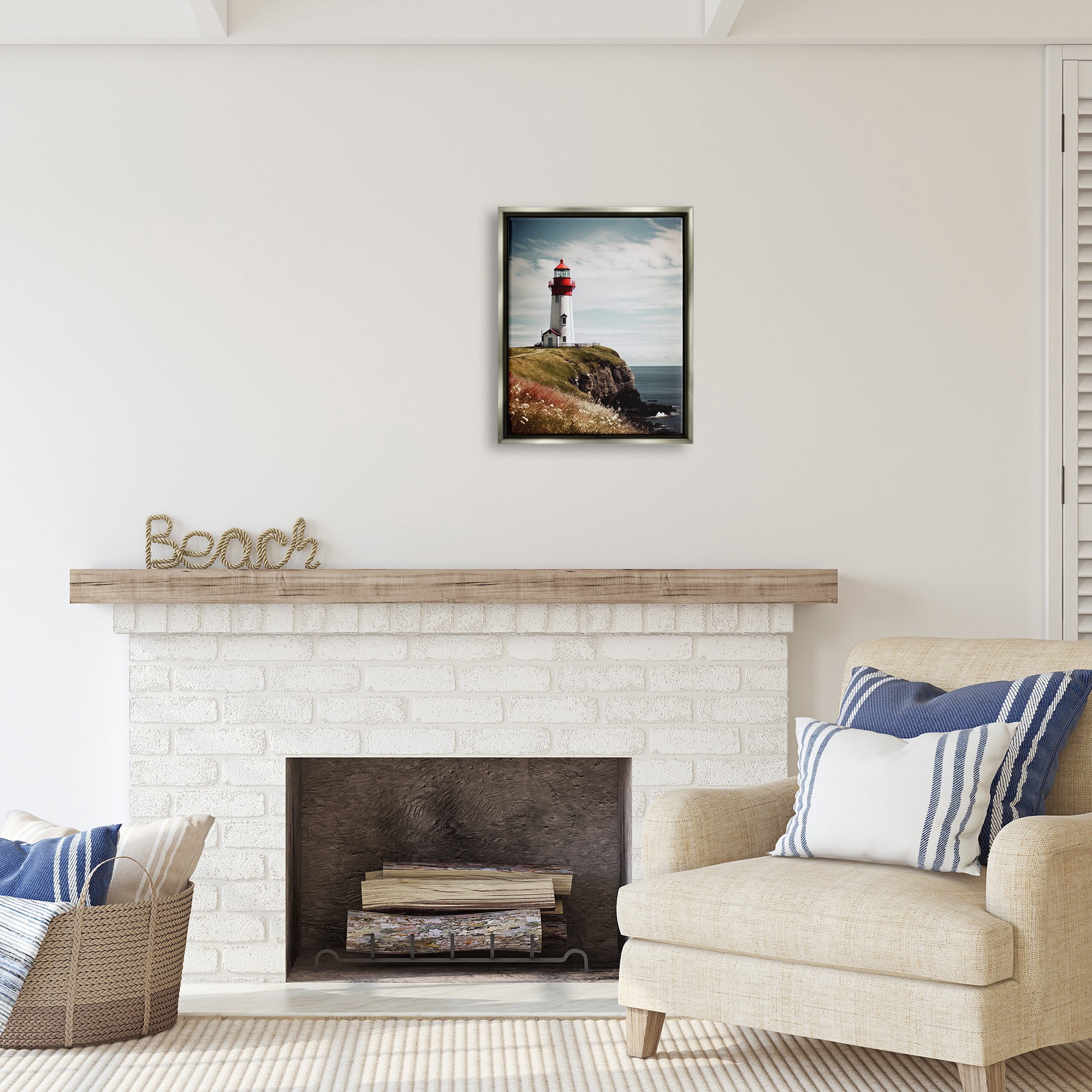 Stupell Industries Lighthouse on High Cliff Landscape Photography Gray Floater Framed Canvas Art Print Wall Art, 17 x 21