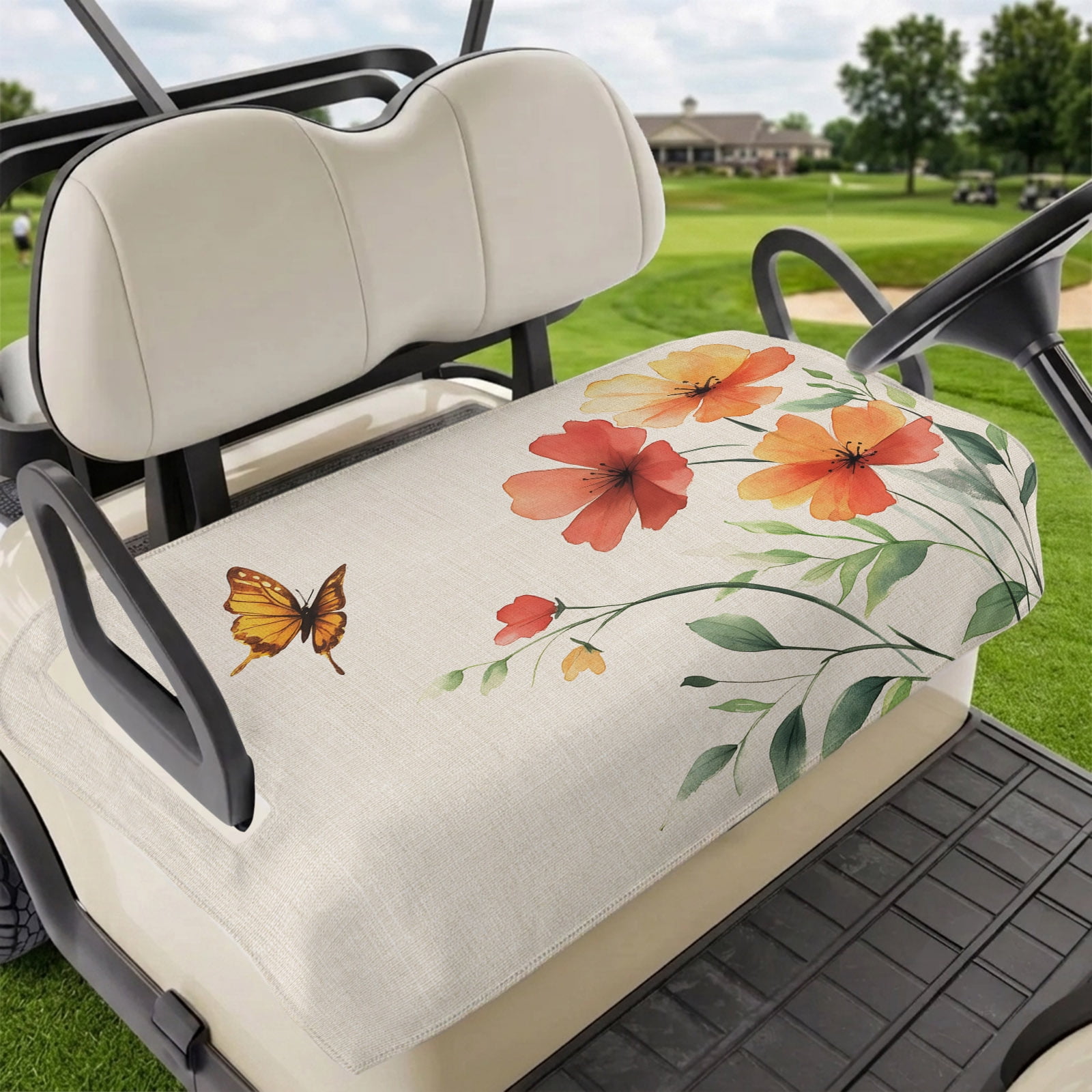 Golf Cart Seat Covers for 2 Seater Orange Red Flowers Soft Microfiber Cart Seat Towel Blanket Farmhouse Pastoral Botanical Absorbent Breathable Non Slip Bench Seats Protector for Golf Course 51 x31