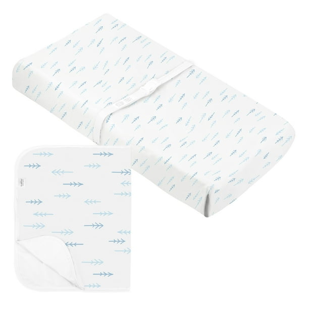 Kushies Boys Change Pad Cover and Portable Changing Pad Organic Cotton Jersey Blue/White Bundle
