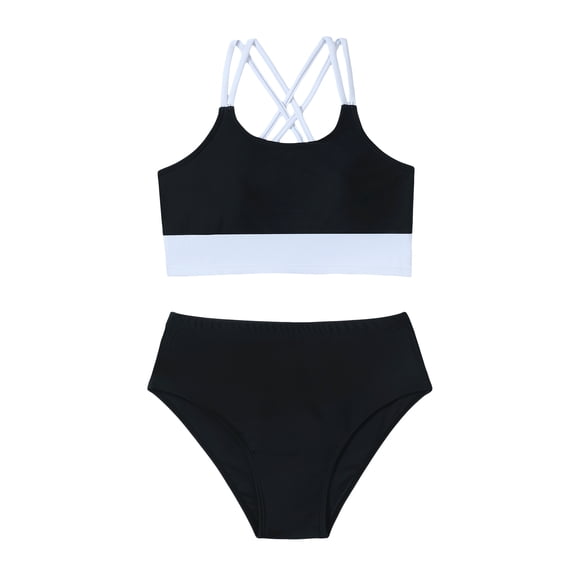 Kucnuzki 9 Years Big Girl Swimsuit 10 Years Child Girls Bikini Set with Chest Pad Color Block Bathing Suit 2pcs Girls' Swimwear Black