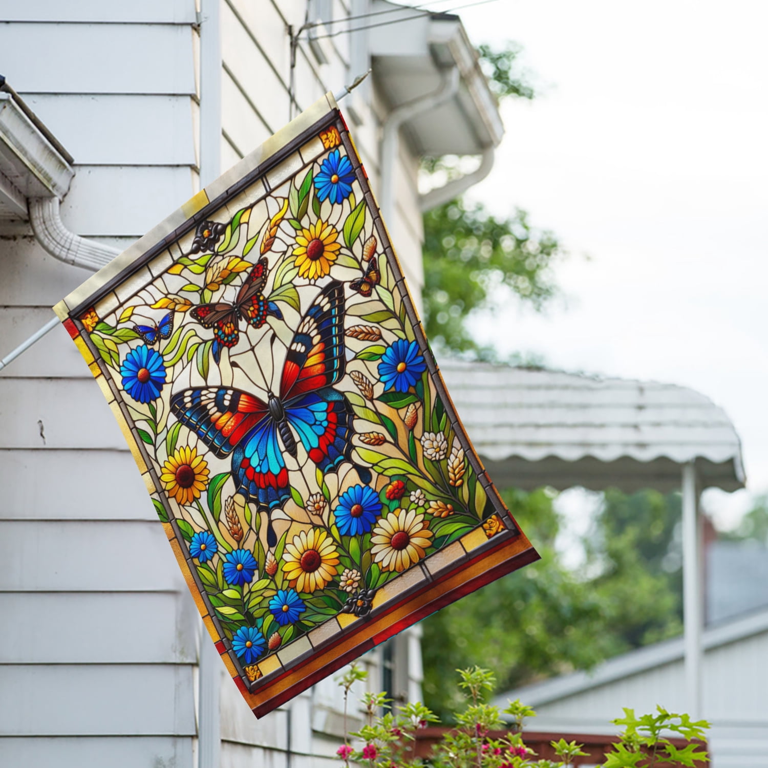 America Forever Stained Glass Butterfly House Flag, 28 x 40 inch Double Sided, Majestic Spring Summer Floral Flower Decorative Seasonal Outdoor Decor, Holiday Outside Decorations Yard Flag