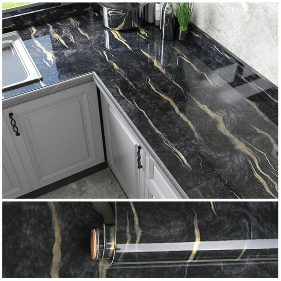 VEELIKE 15.7"x118" Black Gold Marble Contact Paper for Countertops Waterproof Marble Peel and Stick Wallpaper for Kitchen Removable Self Adhesive Vinyl Counter Top Paper for Bathroom Cabinets Shelf