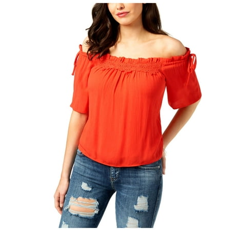 Guess Womens Bellatrix Off-The-Shoulder Ruffled Blouse Red XL