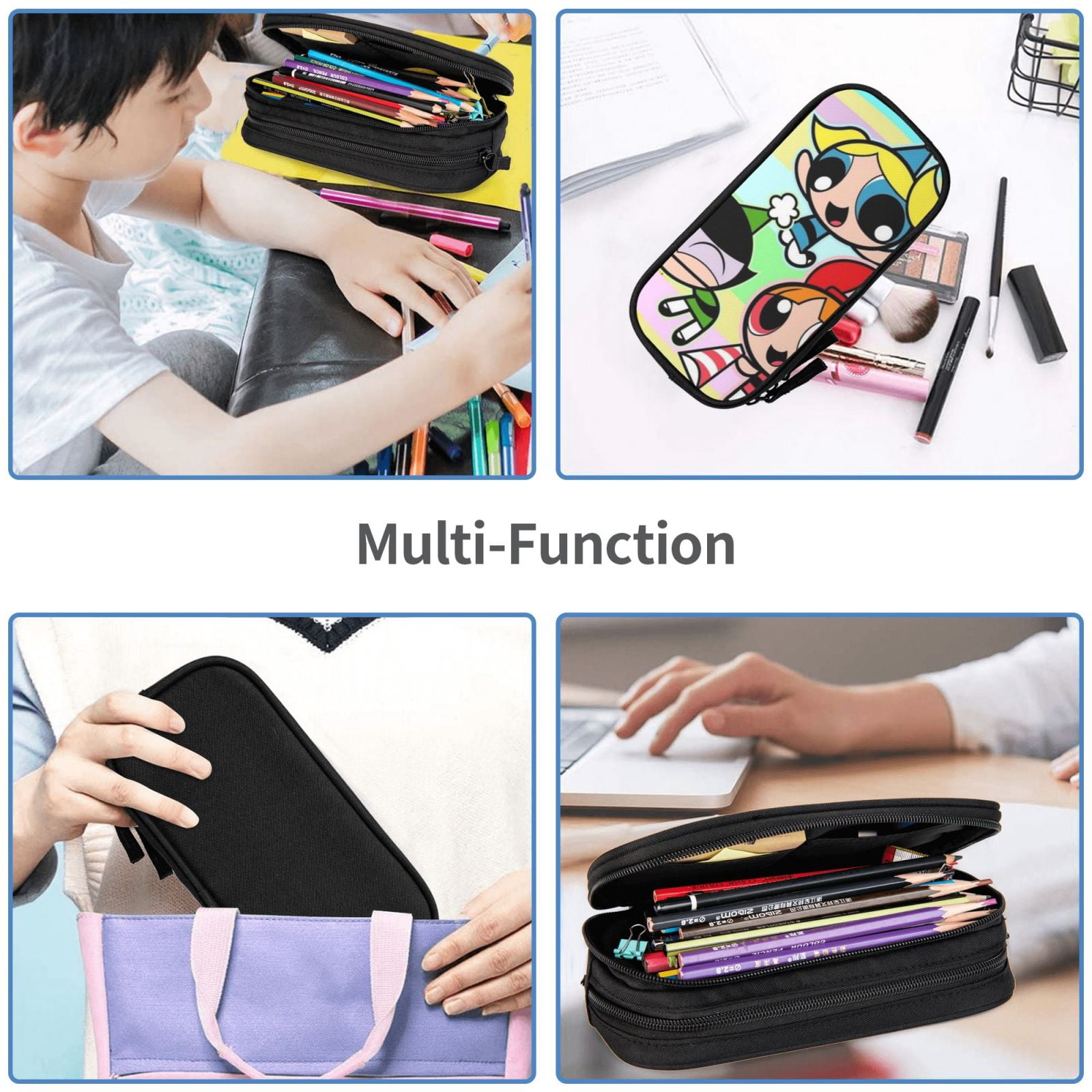 The Powerpuff Gi-rls Pencil Case Large Capacity Pencil Pouch Penbag Office Stationery Organizer Travel Makeup Bag Black