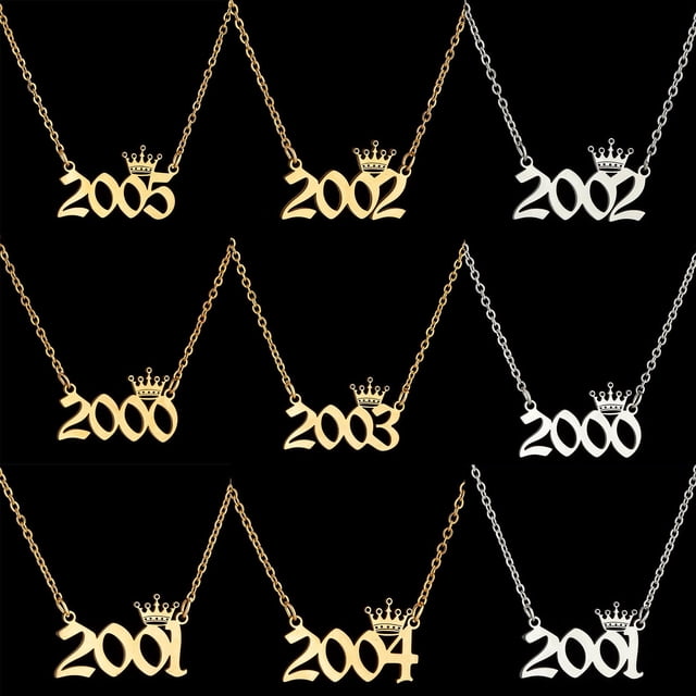 HEVIRGO Pendentif Numéro Collier Couronne Acier Inoxydable Chaîne Exquise Collier Femme Cadeau d'Anniversaire, Doré 2002