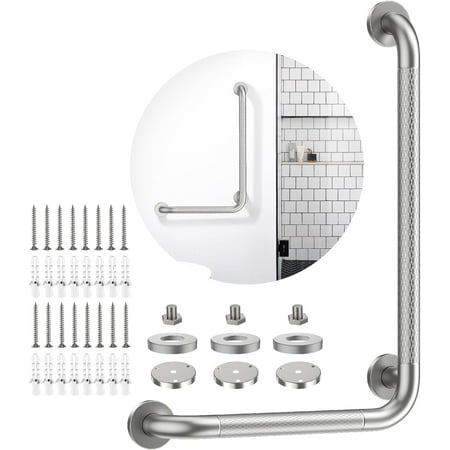Nickel Angled Grab Bar 16x24 Inch, Bathroom Safety Bar w/Anti-Slip Knurled Grip, Wall Mount L Shaped Shower Handle for Elderly Senior Handicap, Toilet Bathtub Balance Support Bar