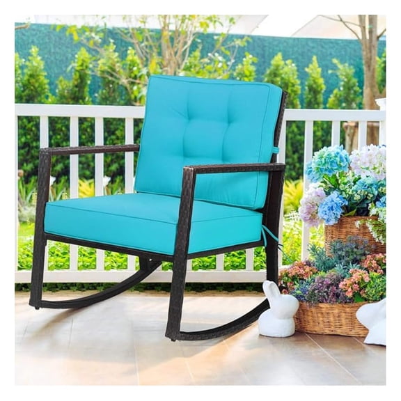 Wicker Outdoor Rocking Chair - All Weather Rattan Rocker Patio Chair w/Steel Frame Removable Cushions & Armrest, Rocker Chair Outdoor Furniture for Backyard Porch Poolside (1, Turquoise)