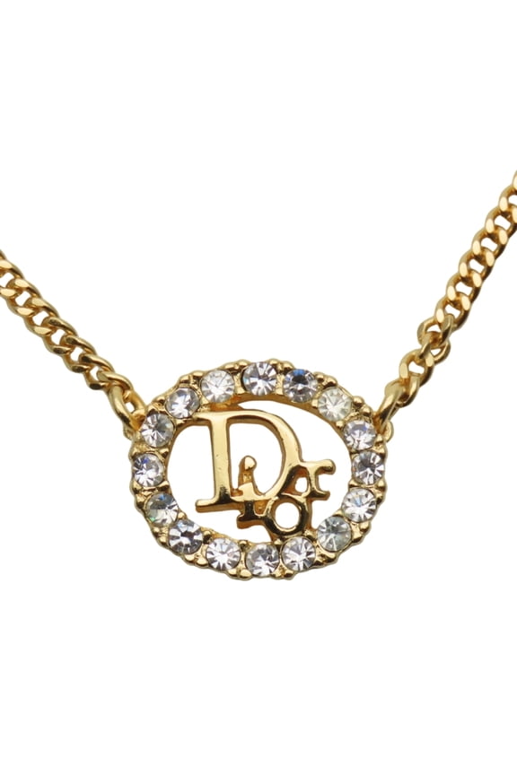Pre-Owned Christian Dior CD logo metal necklace with rhinestones and gold-plated GP.... (Good)