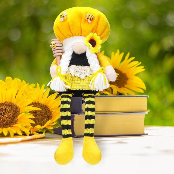 Bumble Bee Gnomes Plush Long Feet Spring Summer Sunflower Scandinavian Tomte Elf Table Ornaments 13inch Faceless Dwarf Figurines for Home Kitchen Shelf World Bee Day Tiered Tray Decorations