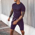 thumbnail image 3 of REORIAFEE Mens Hawaiian Sets Floral 2 Piece Beach Vacation Outfits Men's Striped T-Shirt Set Round Neck Short Sleeve Shorts Slim Fit Sports Holiday Set T-Shirt Top Shorts Two Piece Set Purple XXXL, 3 of 7