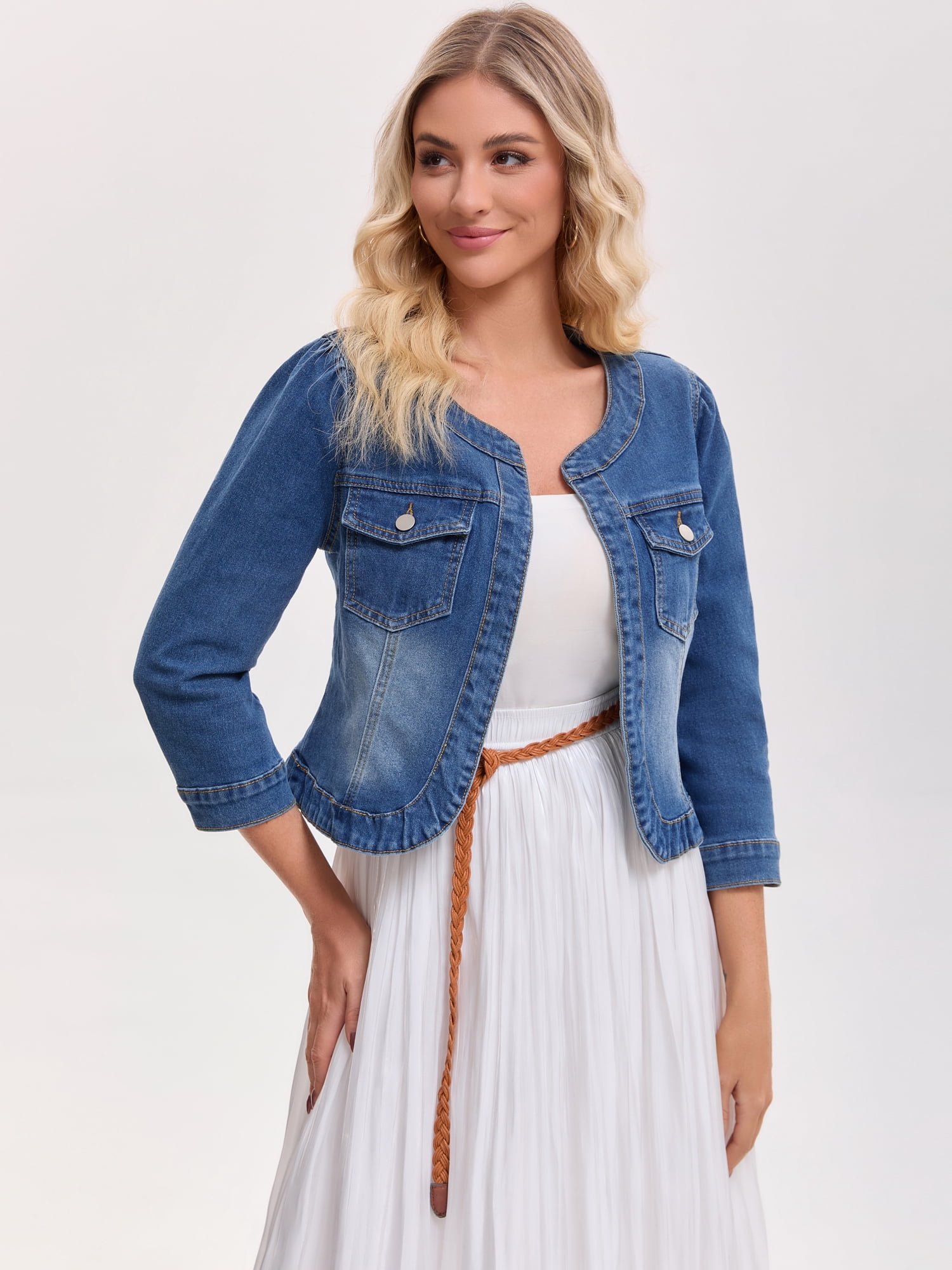DARING DIVA Women's Collarless Cardigan 3/4 Sleeve Jean Jacket 2XL Blue
