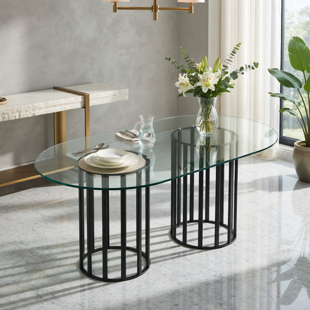 Hommoo 71-inch Oval Tempered Glass Dining Table, Metal Double Column Base, Light Luxury Modern Design for 6-8 People, Scratch-Resistant & Easy-Clean Tabletop, Black