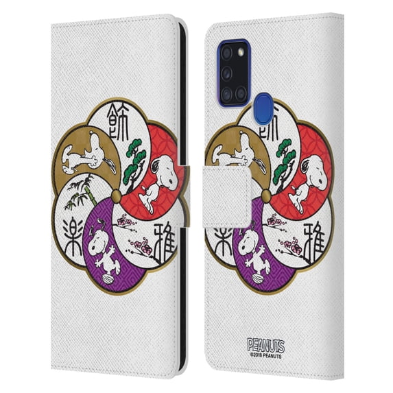 Head Case Designs Officially Licensed Peanuts Oriental Snoopy Badges Leather Book Wallet Case Cover Compatible with Samsung Galaxy A21s (2020)