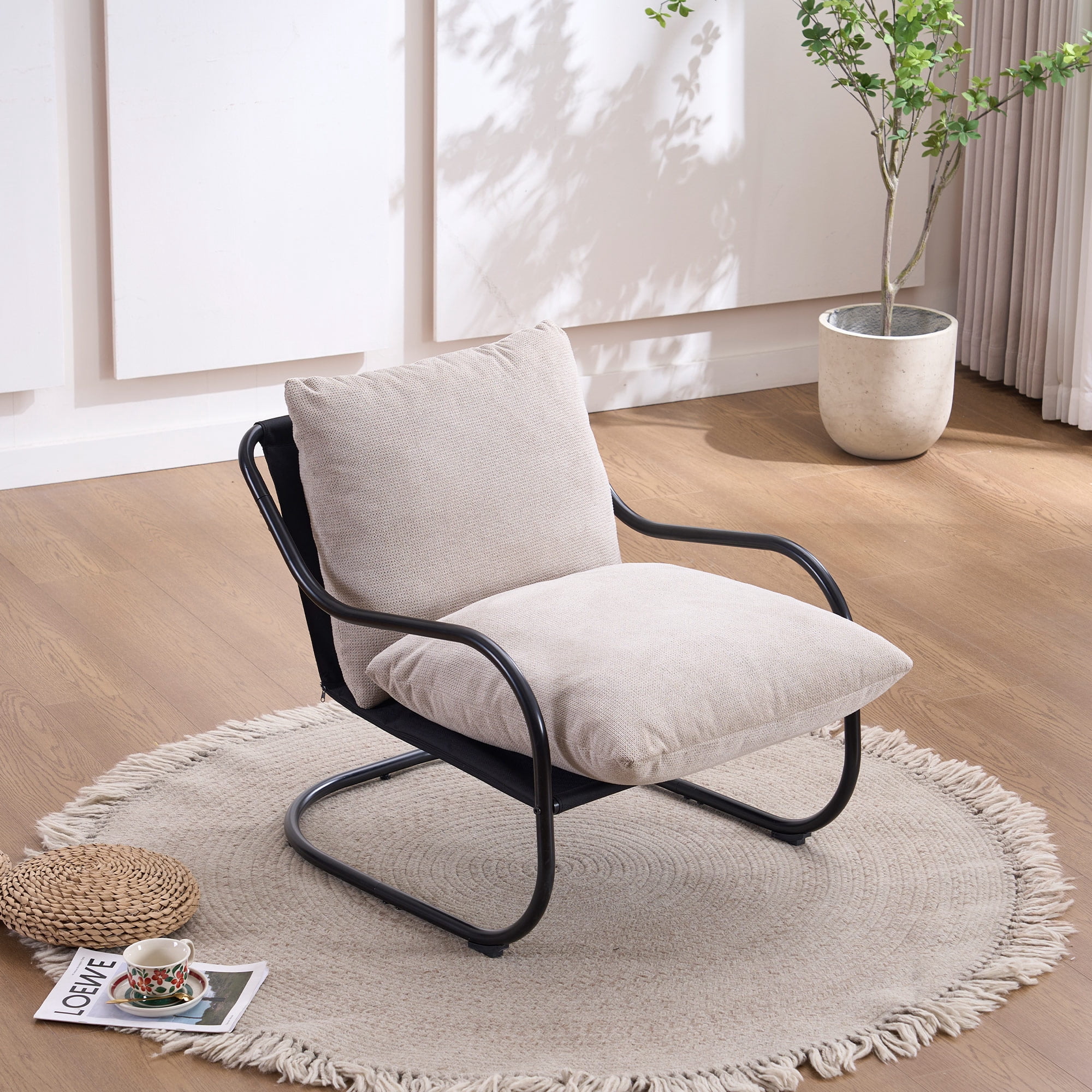 Gewnee Ergonomic Low Profile Accent Armchair, Heavy-Duty Metal Frame Upholstered Reading Side Chair, Space-Saving for Living Room Bedroom Office,Beige