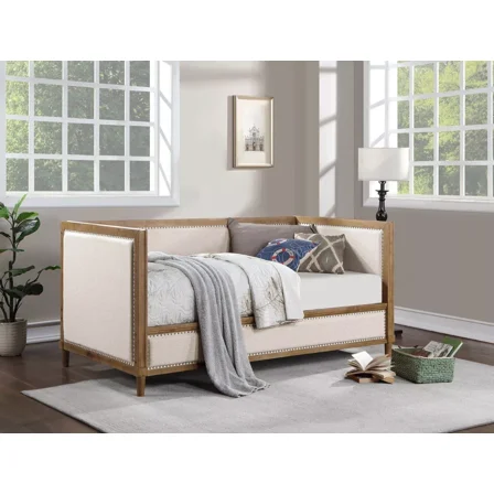 Attractive Twin Day Bed Beige Fabric Upholstered Light Oak Solid wood Frame Nailhead 1pc Bedframe