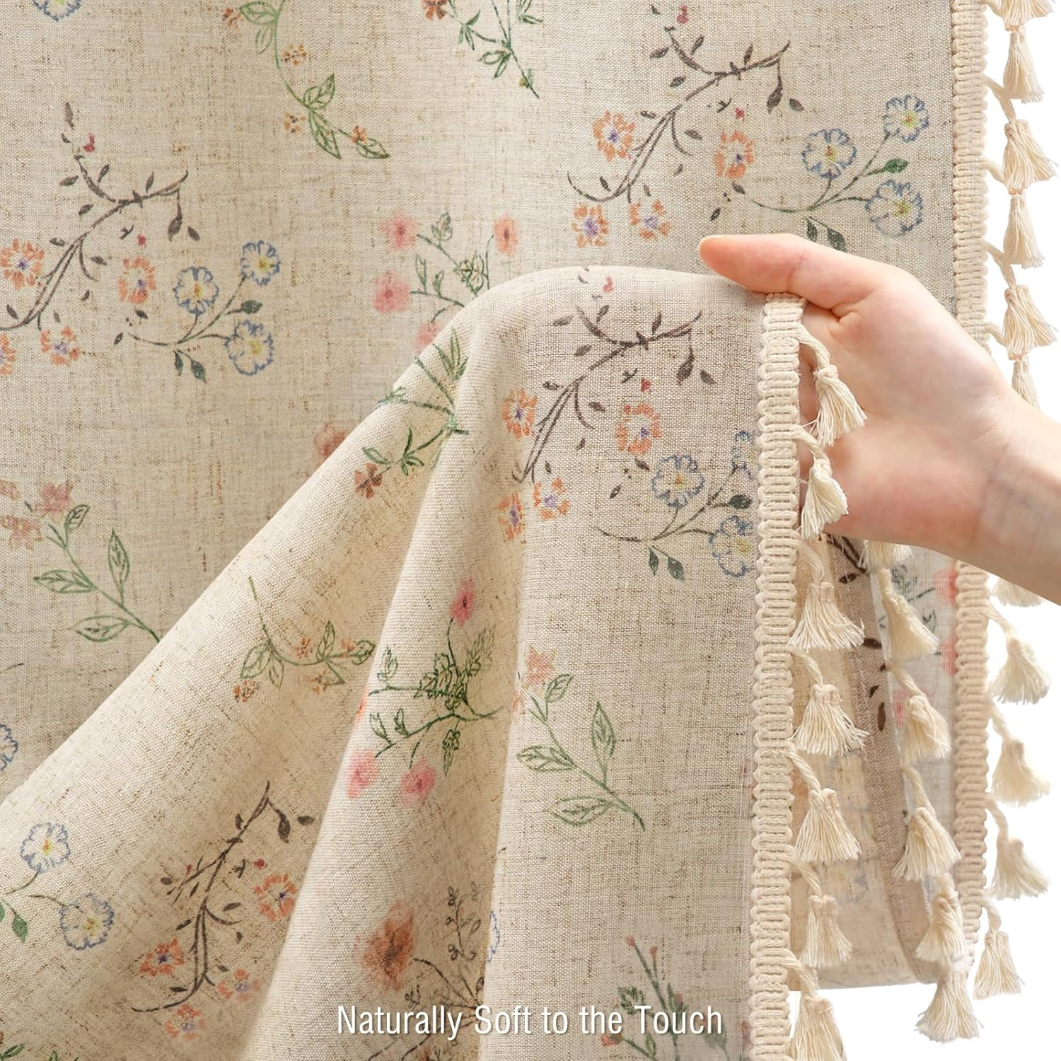 Psoiuetr Floral Farmhouse Vintage Linen Shower Curtain, French Country Shower Curtains for Bathroom with Tassels, 72Wx72H