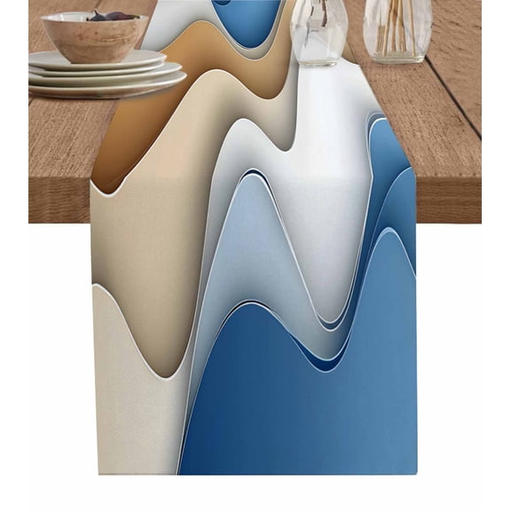 Ombre Blue Brown Table Runner 70 Inches, Modernism Geometric Moire Bed Runner Dresser Scarves Tabletop for Indoor Outdoor Parties/Ceremony/Banquet, 13" x 70"