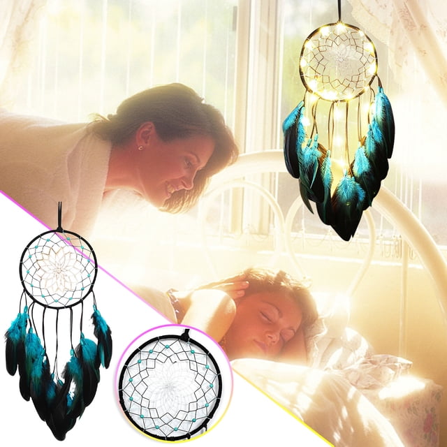 Xihbxyly Colgante Atrapasueños, Decoración de Pared Led Única, Diseño de Cuentas de Plumas, Pieza Decorativa para El Hogar, Elegantes Detalles Translúcidos, Multiusos, 50 Cm de Largo, Aro de Malla de