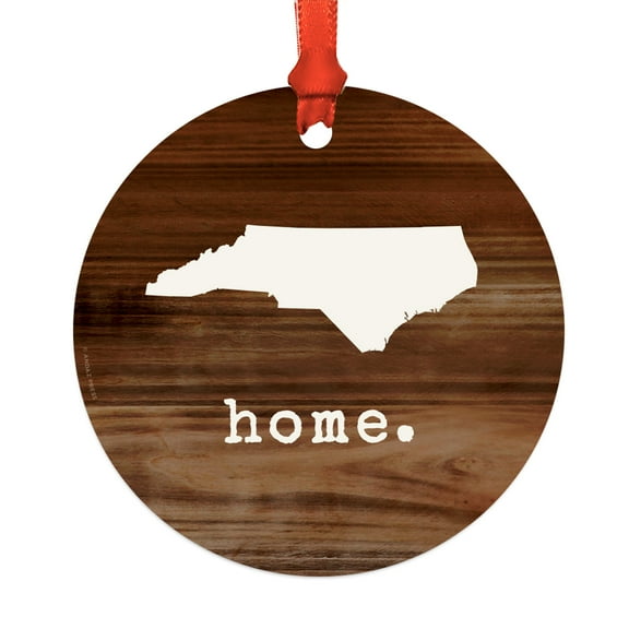 US State Round Metal Christmas Ornament, Rustic Wood Print, North Carolina, Includes Ribbon and Gift Bag