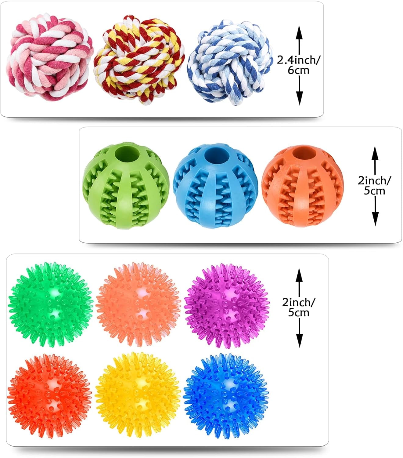 Dog Toy Balls for Small Dogs, 12 Pack Interactive Dog Toys for Small Breed 0-15 lbs, Includes Rubber, Squeak & Rope Balls