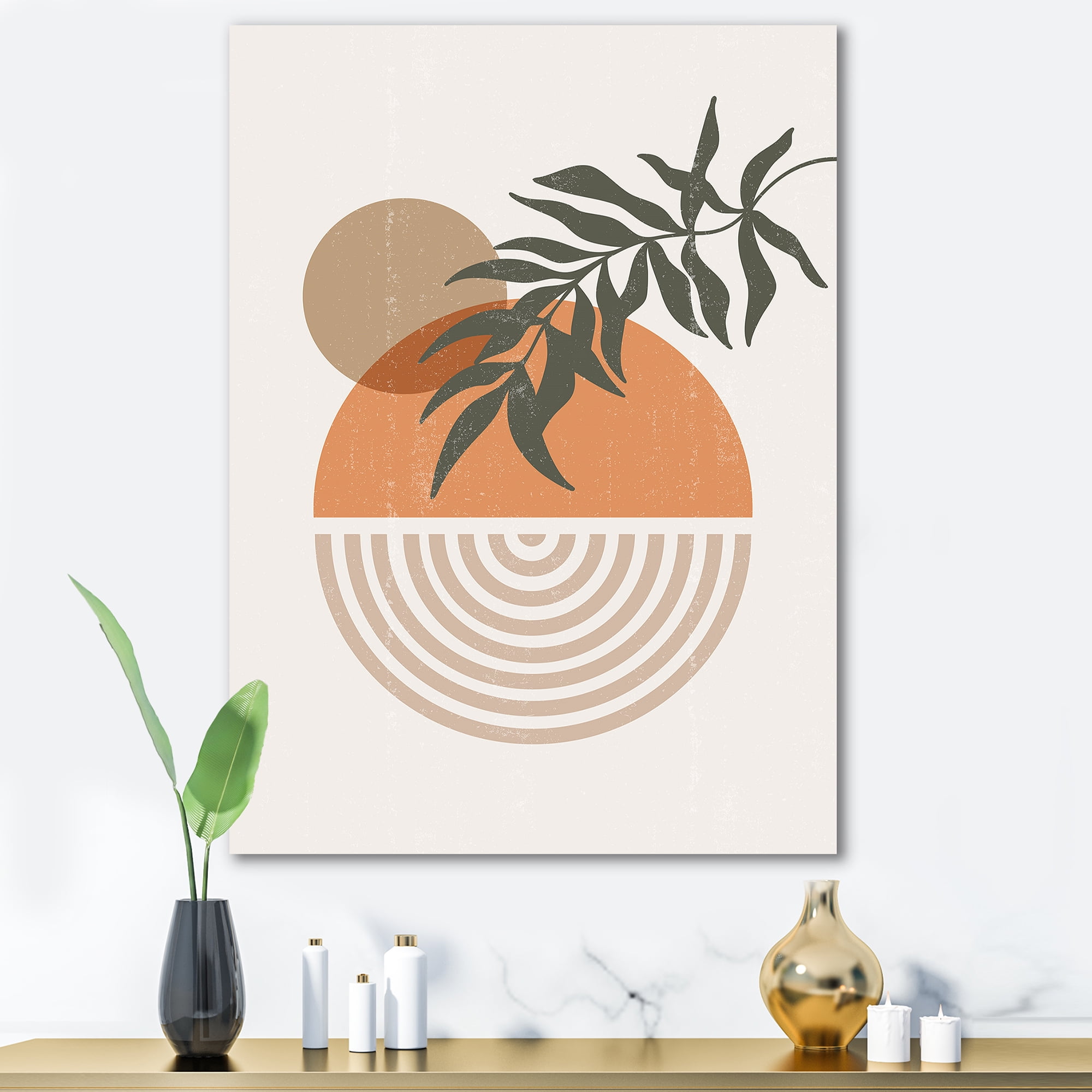Designart ' Abstract Geometrical Moon and Sun With Leaf I ' Modern Canvas Wall Art Print