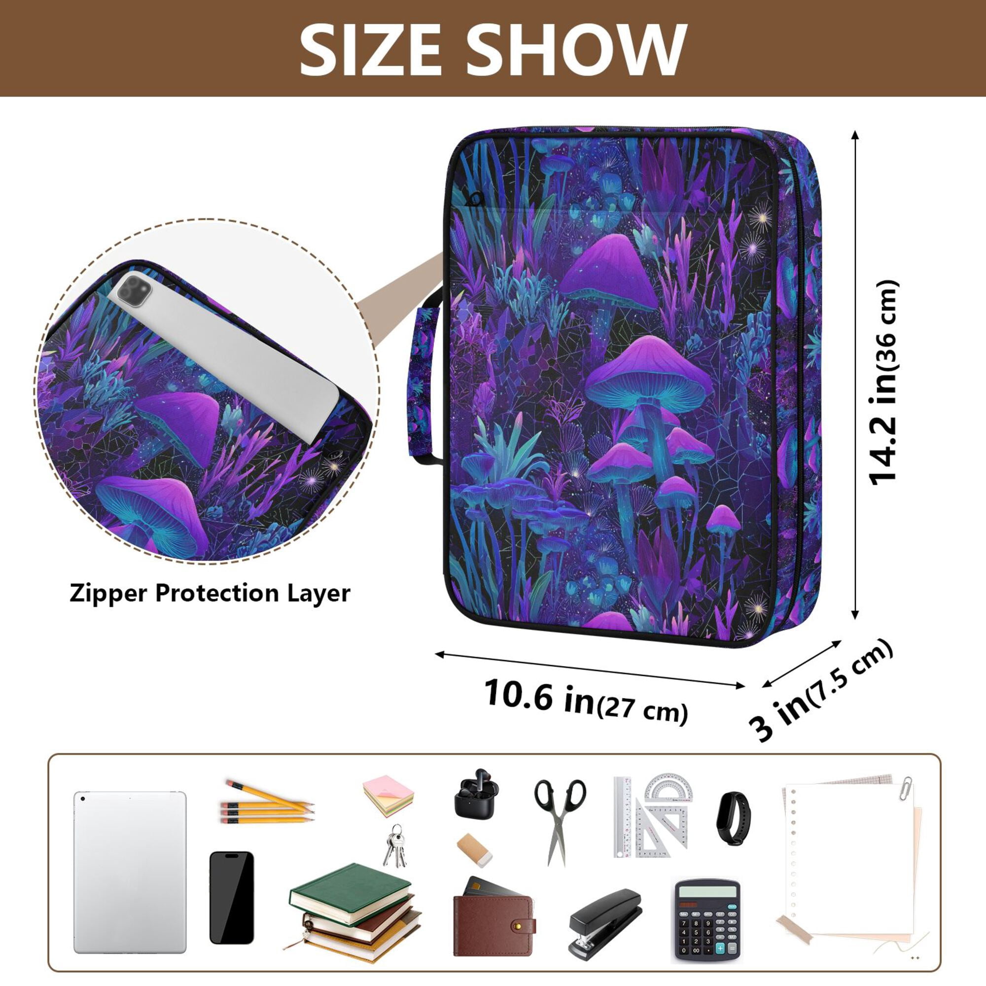 FORMRS Accordion File Folder A4 Size 7-Pocket Expanding Document Organizer Bag with 3 Ring Binder, Purple Mushrooms Pattern
