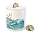 thumbnail image 3 of Nautical Piggy Bank, Ship Being Tossed by Giant Ocean Waves Aquatic Old Vessel Sea Journey Illustration, Ceramic Coin Bank Money Box for Cash Saving, 3.6" X 3.2", Aqua Taupe, by Ambesonne, 3 of 4