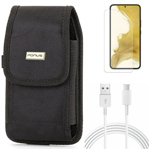 Case Belt Clip & 10ft USB-C Cable & Matte Screen Protector for Samsung Galaxy S22 (6.1") - Rugged Holster & Type-C Charger Cord & TPU Film Anti-Glare Accessory Bundle