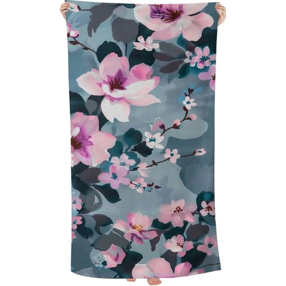 PHYHOO Floral Cherry Blossom Dusty Pink Blue Microfiber Sand Free Beach Towel Oversized Quick Dry Absorbent for Pool Swimming Bathroom Beach Towel 30x60in