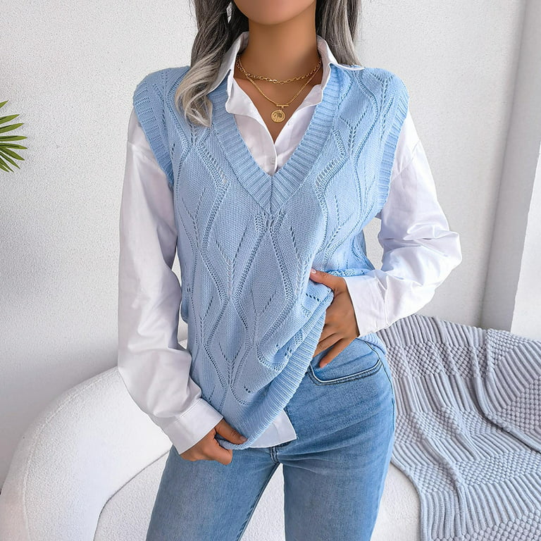 XFLWAM Women Cute Heart Plaid Print Sweater Vest V Neck Color