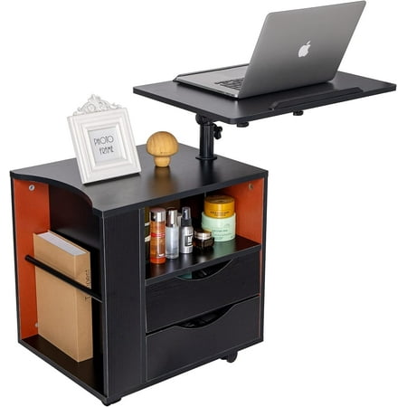 

Bedside Table with Lift Top Adjustable Swivel Tilt Wooden Nightstand End Table Laptop Desk with Drawers and Magazine Holder Night Stands for Bedrooms(Black)